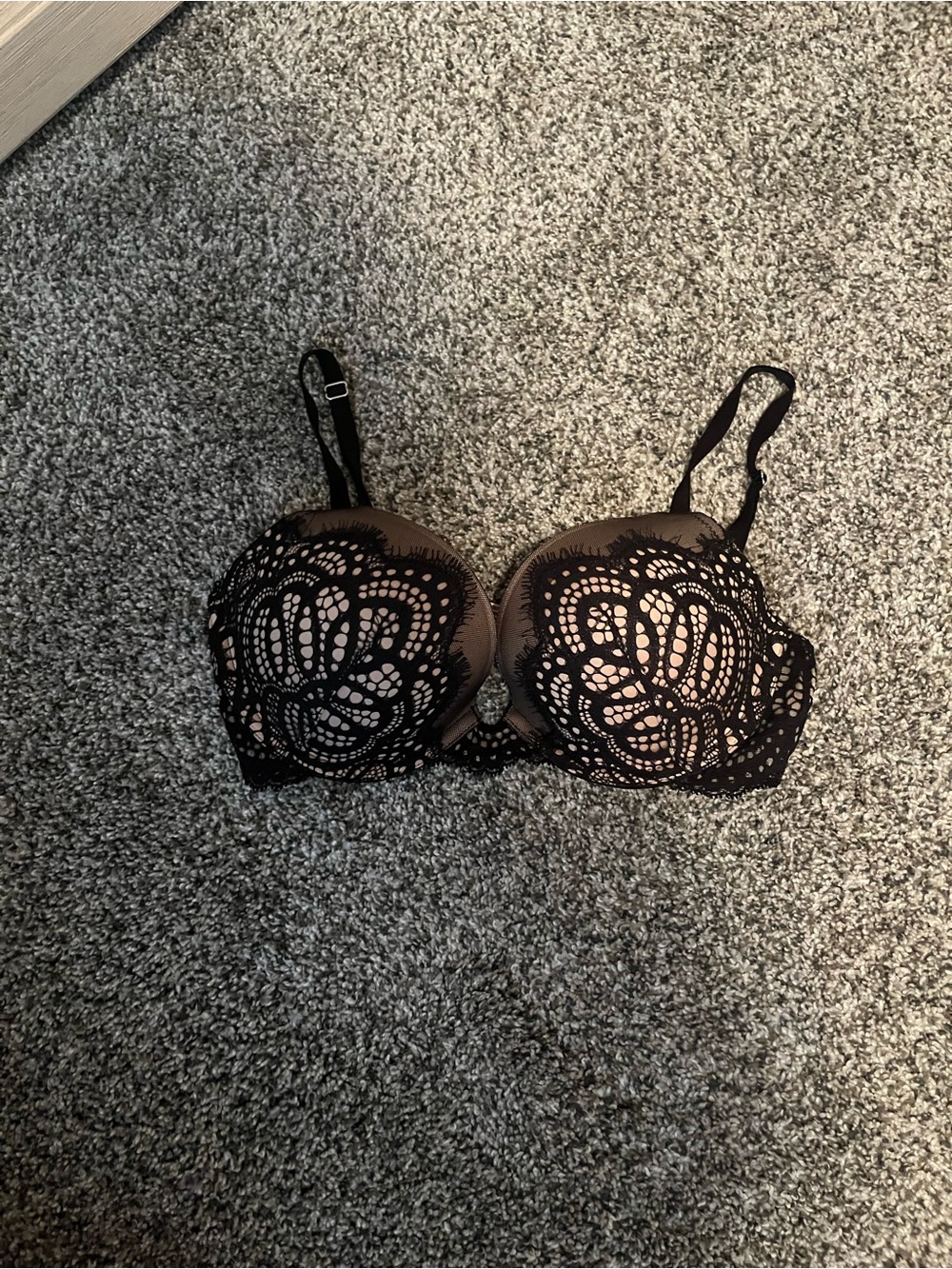 Victoria's Secret Black Lace Overlay Push-Up Bra with Nude Underlay